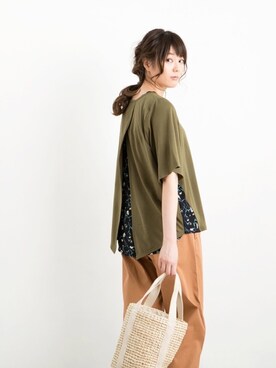 「PEACE SHOPのボタニカル柄バックシャンPO（Tシャツ/カットソー、グリーン系）」を使った、lycopenetomato3さん（レディース・165cm）の夏コーディネート