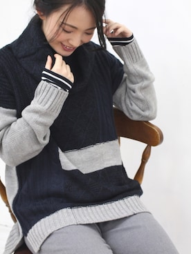 「peace shopのオフタートルパッチワークニットチュニック（ニット/セーター、グレー系）」を使った、lycopenetomato3さん（レディース・165cm）の冬コーディネート