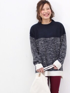 「peace shopのリブ配色ボトルネックニットプルオーバー（ニット/セーター、ブルー系）」を使った、lycopenetomato3さん（レディース・165cm）の冬コーディネート