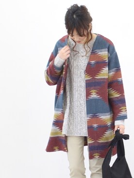 「peace shopのオルテガ柄コーディガン（その他アウター、レッド系）」を使った、lycopenetomato3さん（レディース・165cm）の冬コーディネート