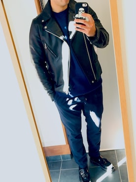 「green label relaxing（グリーンレーベルリラクシング）のアイテム（ライダースジャケット）」を使った、ラスティーさん（メンズ・178cm）の冬コーディネート