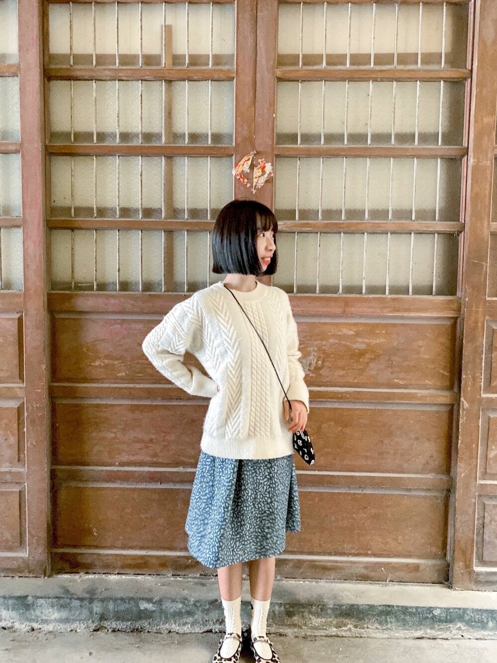 「ootd、街頭穿搭、日系極簡、洋裝、復古、台灣、新年一発目」｜「A ROOM MODELのアイテム（ワンピース、ブルー系）」を使った、Doris( ¨̮ )🇹🇼💗さん（レディース・157cm）の冬コーディネートの1枚目の写真