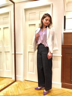 「ラベンダー」｜「アイテム（ノーカラージャケット）」を使った、本社 プレスさん（レディース・168cm）の春コーディネート