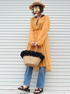 「Honeys（ハニーズ）のアイテム（かごバッグ）」を使った、アオさん（レディース・163cm）の夏コーディネート
