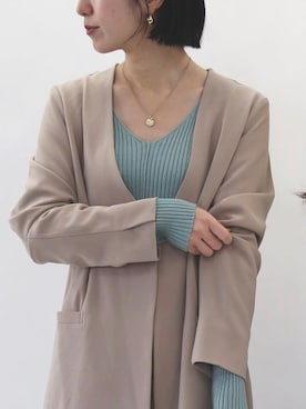 「UR'S（ユアーズ）のﾍﾞﾙﾄ付ﾉｰｶﾗｰｼﾞｬｹｯﾄ（ノーカラージャケット、ベージュ系）」を使った、ur'sさん（レディース・155cm）の冬コーディネート