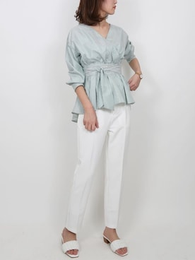 「UR'S（ユアーズ）のｶｼｭｸｰﾙﾌﾞﾗｳｽ（シャツ/ブラウス、グリーン系）」を使った、ur'sさん（レディース・155cm）の春コーディネート
