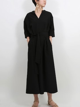 「UR'S（ユアーズ）のｷｰﾈｯｸﾛﾝｸﾞﾜﾝﾋﾟｰｽ（ワンピース、ブラック系）」を使った、ur'sさん（レディース・155cm）の春コーディネート