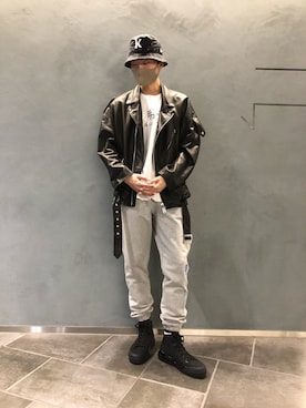 「WHITELAND（ホワイトランド）のアイテム（ライダースジャケット）」を使った、Kazuki Yanaiさん（メンズ・182cm）の冬コーディネート