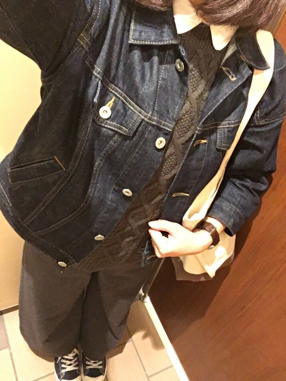 「studio CLIPのデニム7分袖Gジャン（デニムジャケット、ブルー系）」を使った、___chairoさん（レディース・155cm）の秋コーディネートの1枚目の写真