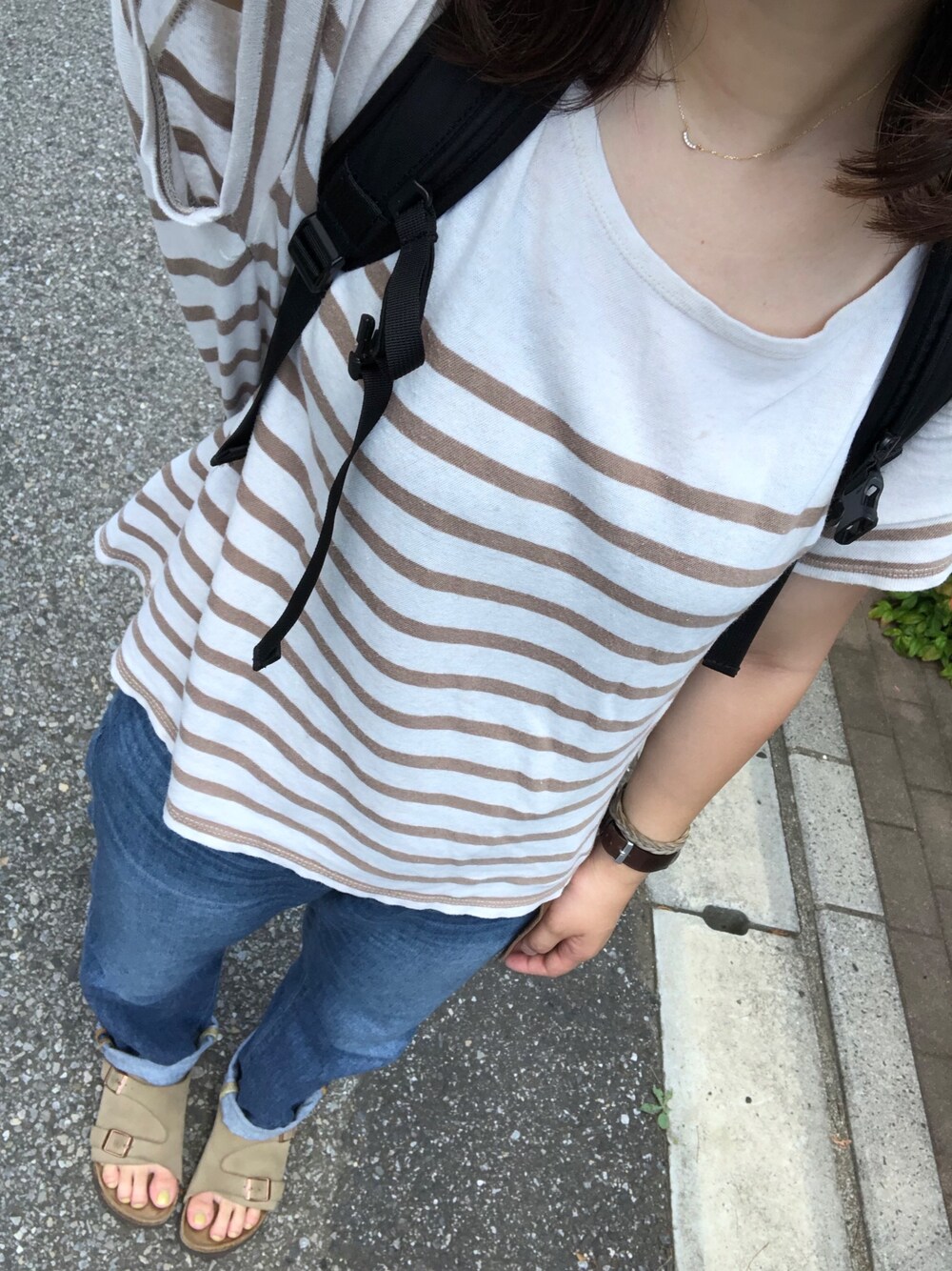 「niko and...のアイテム（Tシャツ/カットソー、ブルー系）」を使った、___chairoさん（レディース・155cm）の夏コーディネートの1枚目の写真