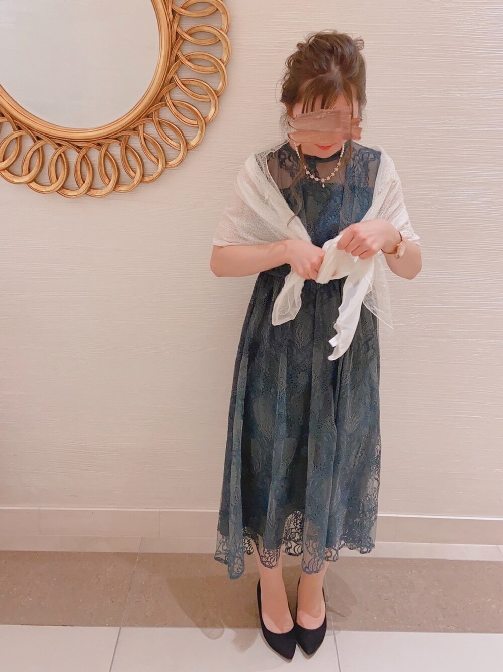 「結婚式、結婚式コーデ、ドレス、パーティースタイル、パーティー、パーティードレス、結婚式スタイル、ootd、結婚式二次会スタイル、おしゃれさんと繋がりたい」｜「Fashion Letterの総レースハイネックロング 結婚式ワンピース パーティードレス（ドレス、グリーン系）」を使った、coco,nico*さん（レディース・157cm）の冬コーディネートの1枚目の写真