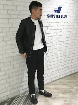 「SHIPS JET BLUE（シップスジェットブルー）のアイテム（ライダースジャケット）」を使った、今若さん（メンズ・165cm）の秋コーディネート