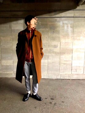 「フレッドペリー」｜「アイテム（ステンカラーコート）」を使った、ゆすけさん（メンズ・173cm）の冬コーディネート