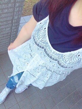 「w closet（ダブルクローゼット）のダメージデニムパンツ（デニムパンツ）」を使った、ゆずさん（レディース・160cm）の春コーディネート