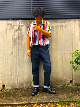 「アイテム（ドレスシューズ、パープル系）」を使った、ツクモはやとさん（メンズ・172cm）の秋コーディネート