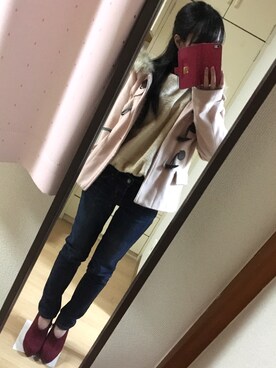 「アイテム（ブーティ、レッド系）」を使った、Mさん（レディース・146cm）の冬コーディネート