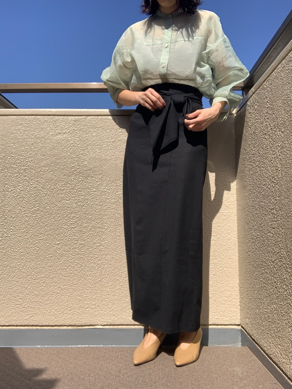 「CLANE、dholic、シースルー、シースルートップス、シアーシャツ、春コーデ、春、オトナカジュアル、オトナ女子」｜「CLANEのアイテム（スカート、ブラック系）」を使った、nico＊さん（レディース・168cm）の春コーディネートの1枚目の写真