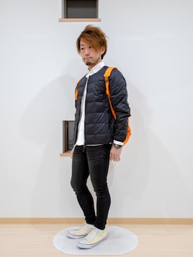 「ノーカラー」｜「アイテム（ダウンジャケット/コート）」を使った、カトウトモタカさん（メンズ・164cm）の冬コーディネート