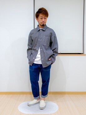 「ヒッコリー」｜「アイテム（スリッポン）」を使った、カトウトモタカさん（メンズ・164cm）の春コーディネート