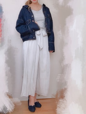 「プリーツ」｜「アイテム（デニムジャケット）」を使った、るんさん（レディース・162cm）の春コーディネート