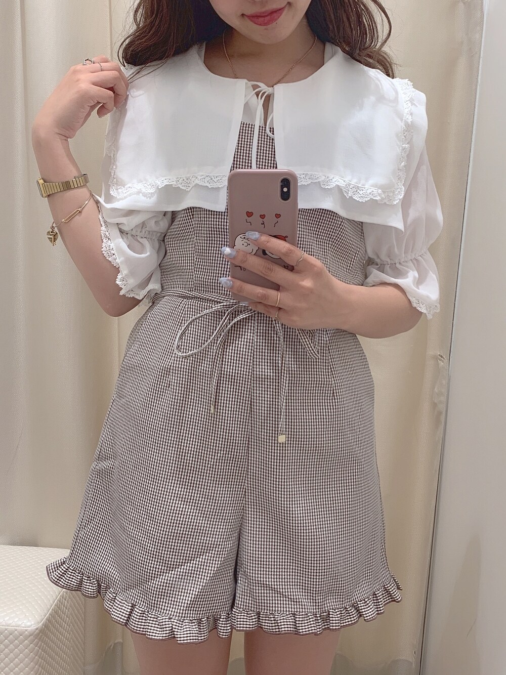 「ootd、one after another NICE CLAUP、レイヤードスタイル、夏コーデ、夏、ギンガムチェック、ブラウス、セーラーカラー、ガーリー」｜「one after another NICE CLAUPのセーラー衿ブラウス（シャツ/ブラウス、ホワイト系）」を使った、EGAさん（レディース・159cm）の春コーディネートの1枚目の写真