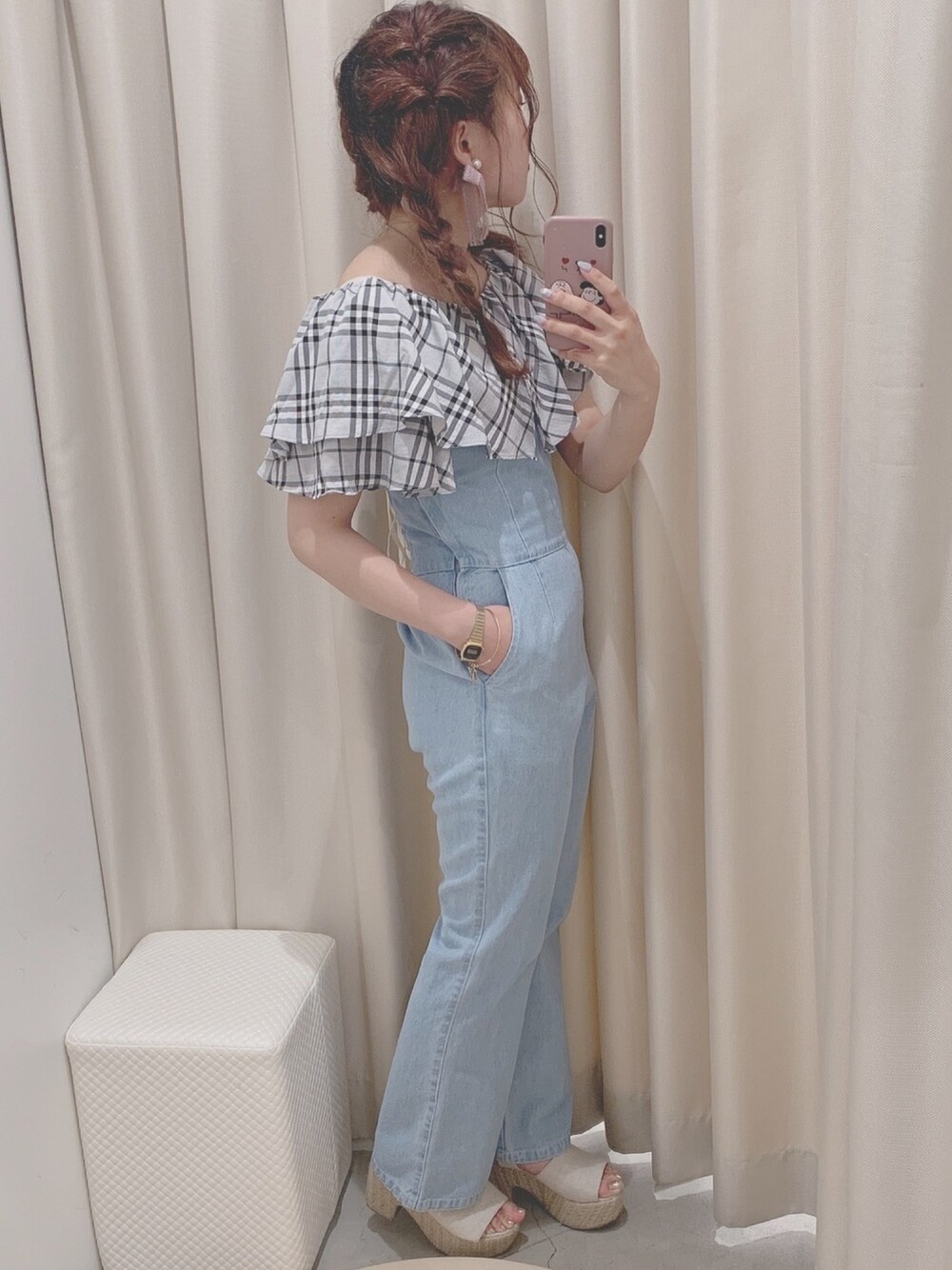 「ootd、one after another NICE CLAUP、カジュアルガーリー、カジュアルコーデ、ガーリーコーデ、夏コーデ、ブラウス、フリルブラウス、サロペット、サンダル」｜「one after another NICE CLAUPのフリル衿ブラウス（シャツ/ブラウス、その他）」を使った、EGAさん（レディース・160cm）の夏コーディネートの1枚目の写真
