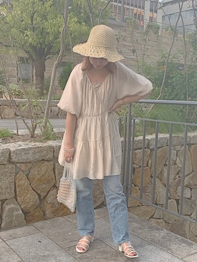 「one after another NICE CLAUP（ワンアフターアナザーナイスクラップ）のアイテム（帽子）」を使った、EGAさん（レディース・159cm）の夏コーディネート