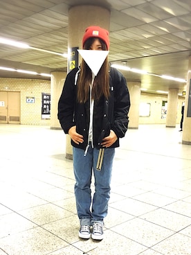 「HUF」｜「アイテム（ナイロンジャケット）」を使った、Moekaさん（レディース・154cm）の冬コーディネート