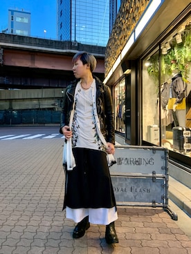 「オーバーシャツ」｜「アイテム（ライダースジャケット）」を使った、じゅんさん（レディース・158cm）の冬コーディネート