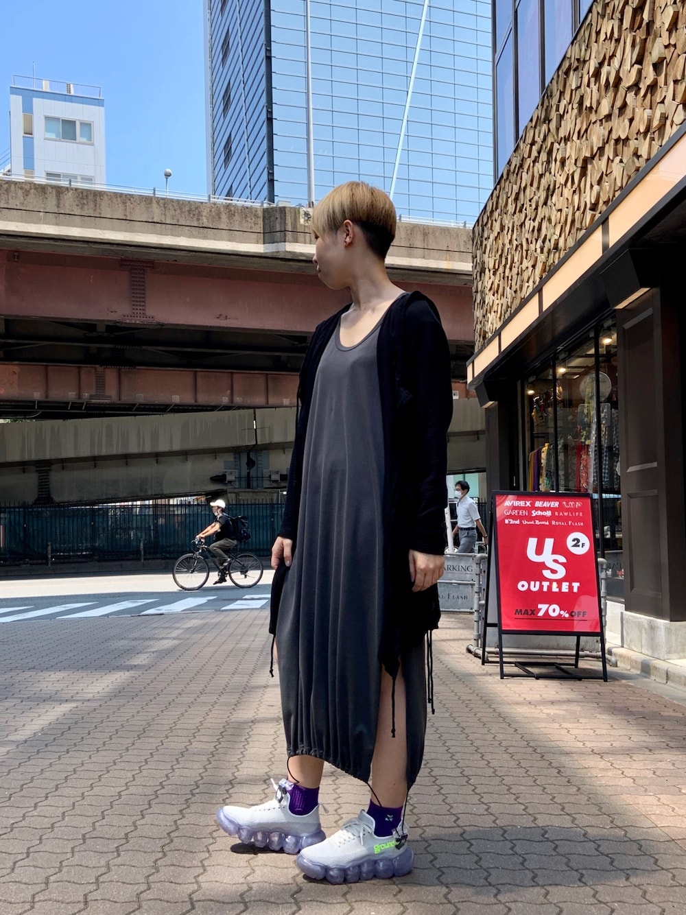 「ROYAL FLASH、Y-3、yohjiyamamoto、adidas、KMRii、grounds、ワンピース、ワンピース×スニーカー、カーディガン、スニーカー」｜「Y-3のアイテム（ワンピース/ドレス、グレー系）」を使った、じゅんさん（レディース・158cm）の夏コーディネートの1枚目の写真