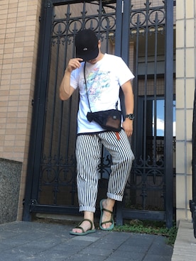 「Revo.（レボ）のRevo. ヒッコリー ストライプ テーパードパンツ（その他パンツ）」を使った、Dai.Tさん（メンズ・160cm）の夏コーディネート