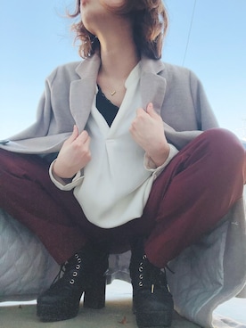 「レッドコーデ」｜「アイテム（ブーツ）」を使った、おたんこさん（レディース・154cm）の秋コーディネート