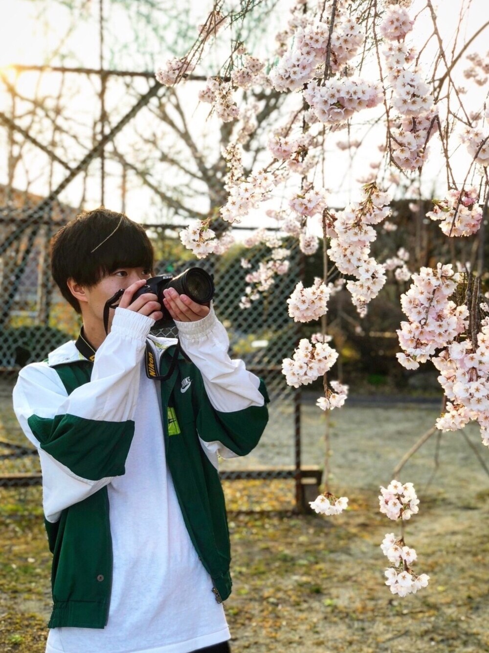 「春コーデ、シンプル、ナイロンジャケット、お花見、花見、桜、スポーツミックス」｜「NIKEのアイテム（ナイロンジャケット、グリーン系）」を使った、あおいさん（メンズ・174cm）の春コーディネートの1枚目の写真
