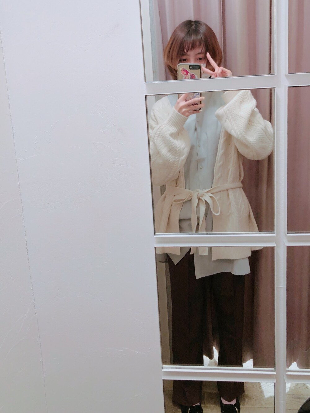 「mystic、好きな店、初」｜「mysticのケーブルカシュクールカーディガン（ニット/セーター、ホワイト系）」を使った、mocha☆.｡.:*・さん（レディース・156cm）の冬コーディネートの1枚目の写真