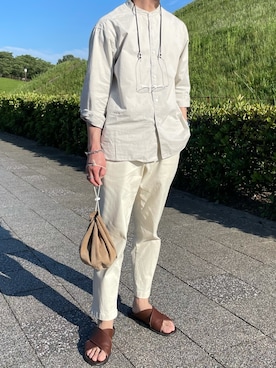 「Hender Scheme（エンダースキーマ）のHender Scheme kinchaku (nc-rc-kin)（ハンドバッグ）」を使った、たき さん（メンズ・170cm）の夏コーディネート