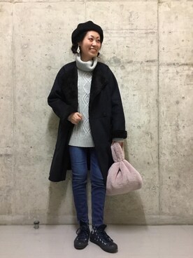 「coen（コーエン）のアイテム（ムートンコート）」を使った、coen たけさんさん（レディース・157cm）の冬コーディネート