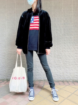 「MOUSSY（マウジー）のアイテム（ノーカラージャケット）」を使った、エリンさん（レディース・163cm）の冬コーディネート