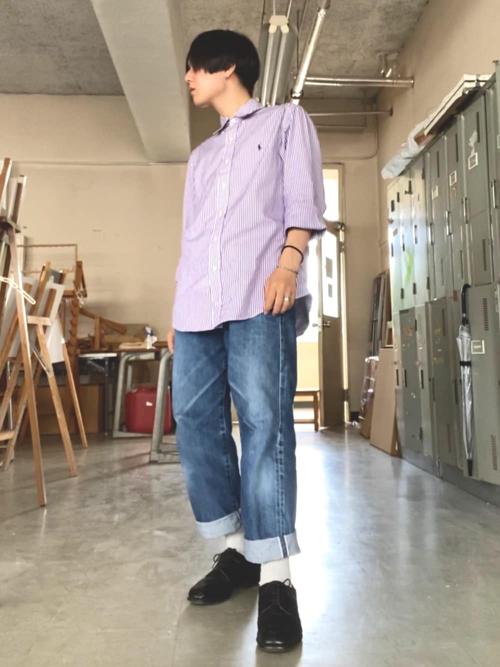 「古着、ストライプシャツ、ロールアップ、革靴、リーバイス502、ビンテージ、センター分け、今日のコーデ、シンプルスタイル、おしゃれさんと繋がりたい」｜「POLO RALPH LAURENのアイテム（シャツ/ブラウス、ホワイト系）」を使った、ナカシオさん（メンズ・163cm）の夏コーディネートの1枚目の写真