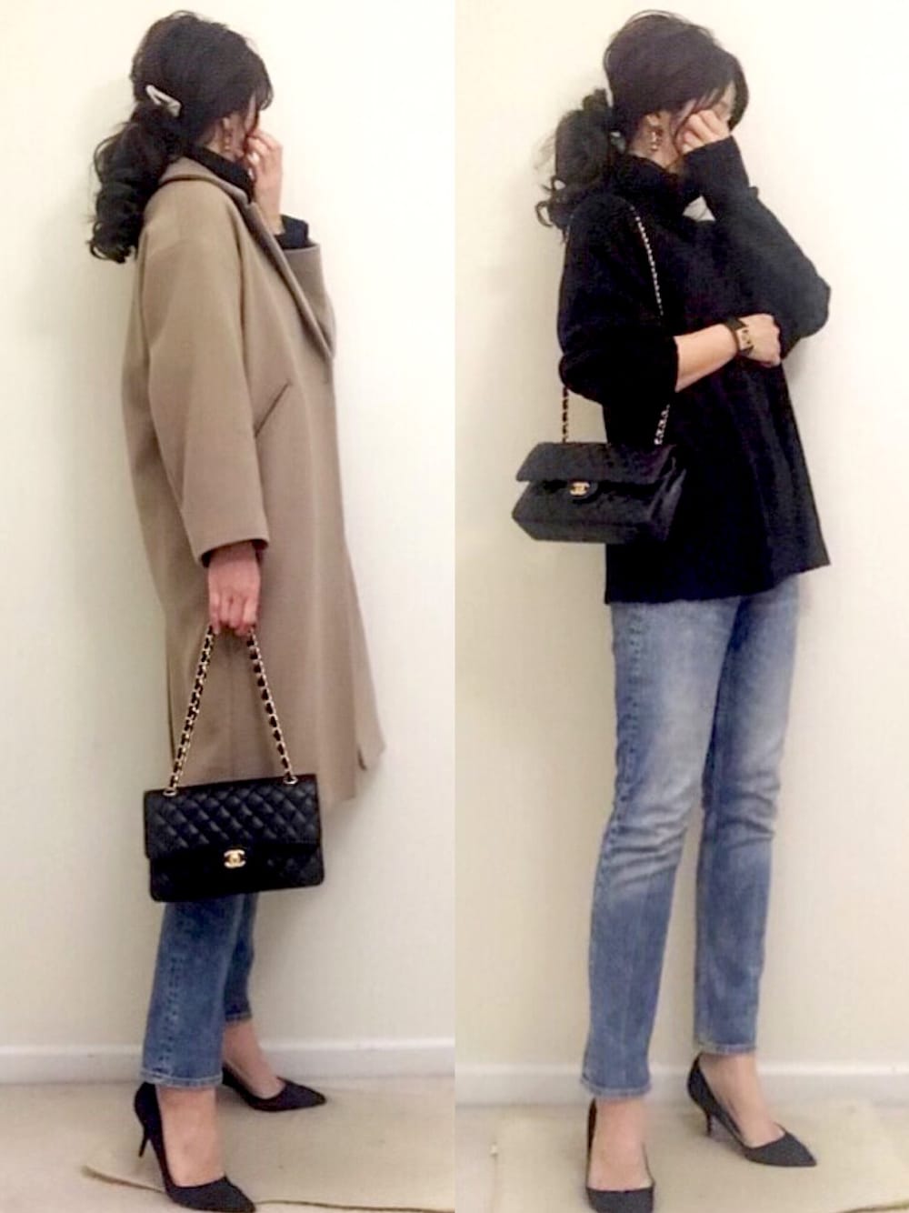 「オトナカジュアル、GU、IENA、チェスターコート、パンツスタイル、秋冬コーデ、chanel」｜「GUのアイテム（ニット/セーター、ブラック系）」を使った、meiさん（レディース・175cm）の冬コーディネートの1枚目の写真