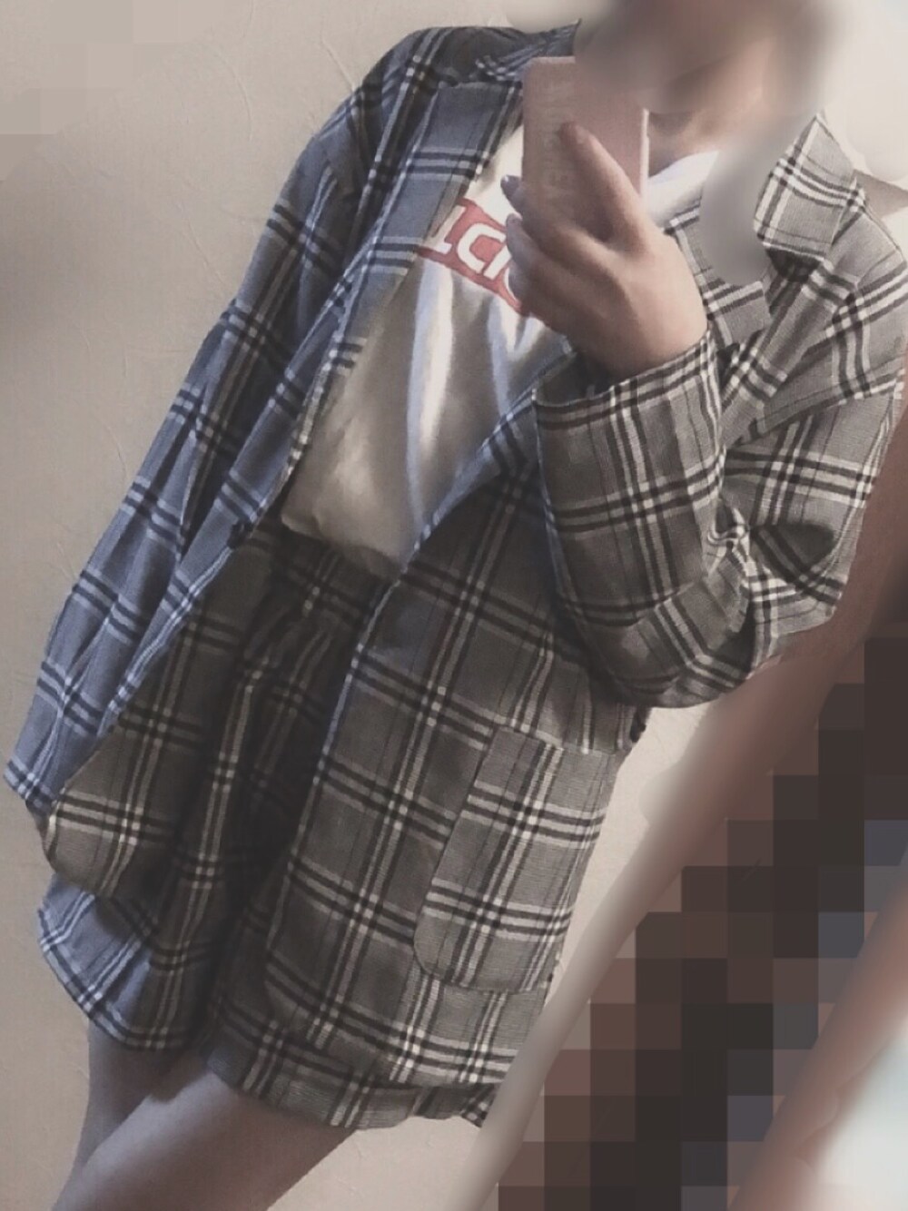 「夏だ！Tシャツ着よう！、韓国ファッション、チェック、セットアップ、セットアップスタイル、グレンチェック、休日コーデ、おしゃれさんと繋がりたい、七夕、韓国風コーデ」｜「SpRay PREMIUMのアイテム（ジャケット/アウター、グレー系）」を使った、sao.さん（レディース・155cm）の夏コーディネートの1枚目の写真