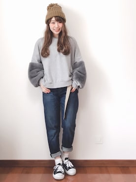 「袖ボリューム」｜「アイテム（ニットキャップ/ビーニー）」を使った、まき みさきさん（レディース・149cm）の冬コーディネート