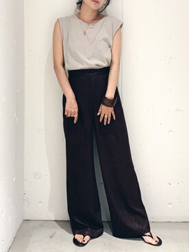 「Auntie Rosa Holiday（アンティローザホリデー）の【Holiday】リネンスラブノースリトップ（Tシャツ/カットソー）」を使った、あゆさん（レディース・148cm）の夏コーディネート