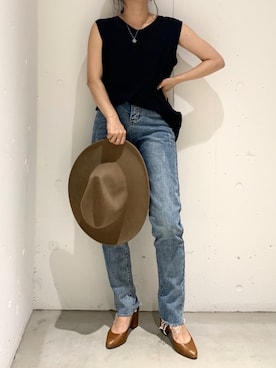 「Auntie Rosa Holiday（アンティローザホリデー）の【Holiday】リネンスラブノースリトップ（Tシャツ/カットソー）」を使った、あゆさん（レディース・148cm）の夏コーディネート