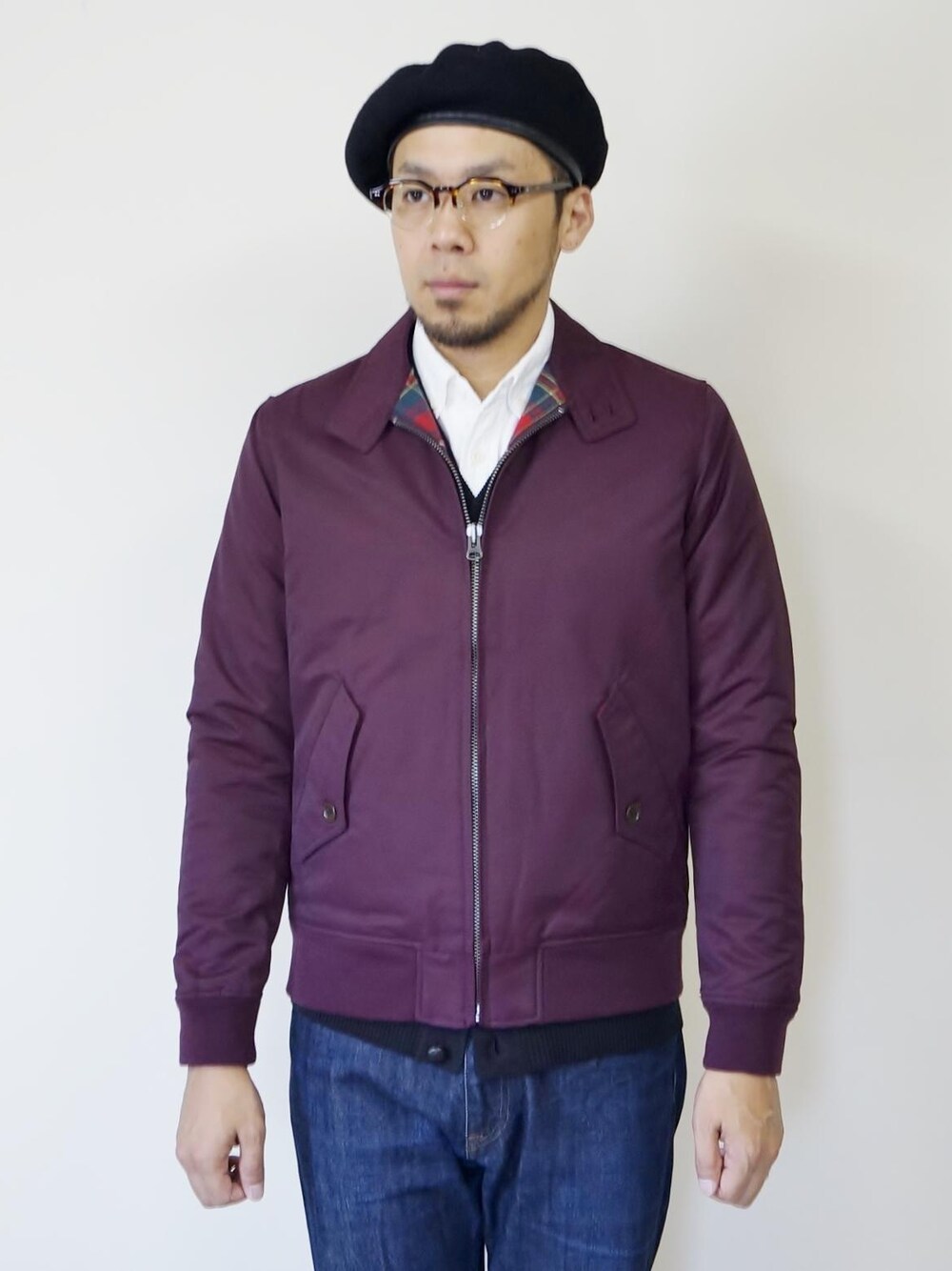 「NEVERTRUST、ROCKET SHIP、ネバートラスト、生地、生産は主に日本製、Wear And Head Clothing、埼玉県熊谷市、全ての音楽のように誰もが楽しく誰もが心躍るものをコンセプト、スタンダードハリントンジャケット、モッズ、スキンズ、ルードボーイ、パンク、英国のサブカルチャー」｜「NEVER TRUSTのNEVERTRUST（ネバートラスト）　　スタンダードハリントンジャケット Bur（ブルゾン、パープル系）」を使った、ロケットシップさん（メンズ・182cm）の秋コーディネートの1枚目の写真