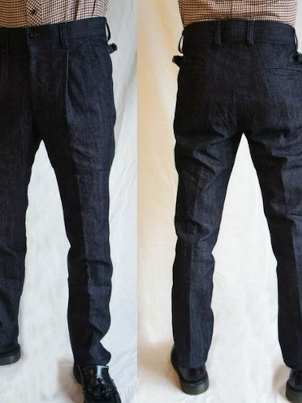 「デニム、デニムパンツ、NEVERTRUST、ROCKET SHIP、Wear And Head Clothing、埼玉県熊谷市、ROCKET SHIP（ロケットシップ）、サイドベルトワンタックデニムパンツ、NEVERTRUST（ネバートラスト）、埼玉県熊谷市弥生２－６２」｜「NEVER TRUSTのNEVERTRUST（ネバートラスト）　　サイドベルトワンタックデニムパンツ IND（デニムパンツ、ブルー系）」を使った、ロケットシップさん（メンズ・182cm）の秋コーディネートの1枚目の写真