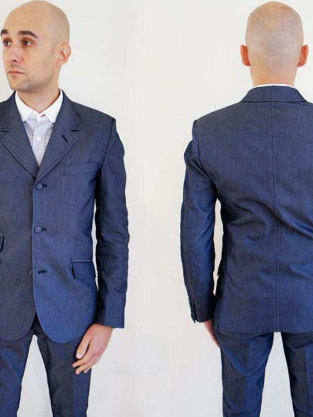 「ジャケット、ジャケットスタイル、ジャケットコーデ、NEVERTRUST、ROCKET SHIP、Wear And Head Clothing、ROCKET SHIP（ロケットシップ）、埼玉県熊谷市弥生２－６２、３ボタンジャケット、シャイニー３ボタンジャケット」｜「NEVER TRUSTのNEVERTRUST（ネバートラスト）　　シャイニー３ボタンジャケット BLU（ノーカラージャケット、ブルー系）」を使った、ロケットシップさん（メンズ・182cm）の冬コーディネートの1枚目の写真