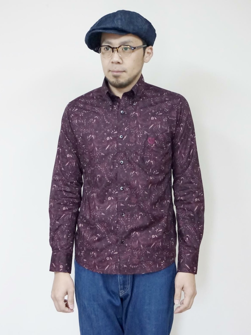 「ペイズリー柄、ペイズリー、ペイズリー柄シャツ、ペイズリーシャツ、 埼玉県熊谷市、ROCKET SHIP、Wear And Head Clothing、ROCKET SHIP（ロケットシップ）、ペイズリーデュエボットーニ、埼玉県熊谷市弥生２－６２」｜「NEVER TRUSTのNEVERTRUST（ネバートラスト）　　ペイズリーデュエボットーニ WIN（シャツ/ブラウス、パープル系）」を使った、ロケットシップさん（メンズ・182cm）の冬コーディネートの1枚目の写真