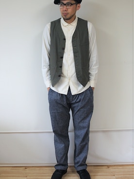 「NEVER TRUST（ネバートラスト）のアイテム（帽子）」を使った、ロケットシップさん（メンズ・182cm）の春コーディネート
