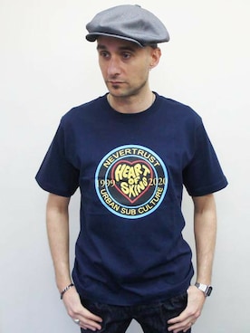「NEVER TRUST（ネバートラスト）のアイテム（帽子）」を使った、ロケットシップさん（メンズ・182cm）の春コーディネート