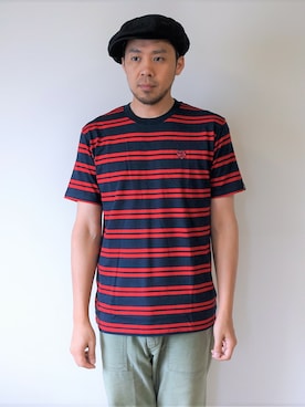 「NEVER TRUST（ネバートラスト）のアイテム（帽子）」を使った、ロケットシップさん（メンズ・182cm）の夏コーディネート